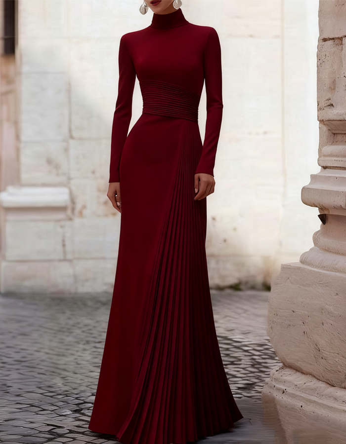 Maxi dress with high neck, pleated and straight cut