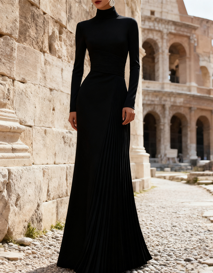 Maxi dress with high neck, pleated and straight cut