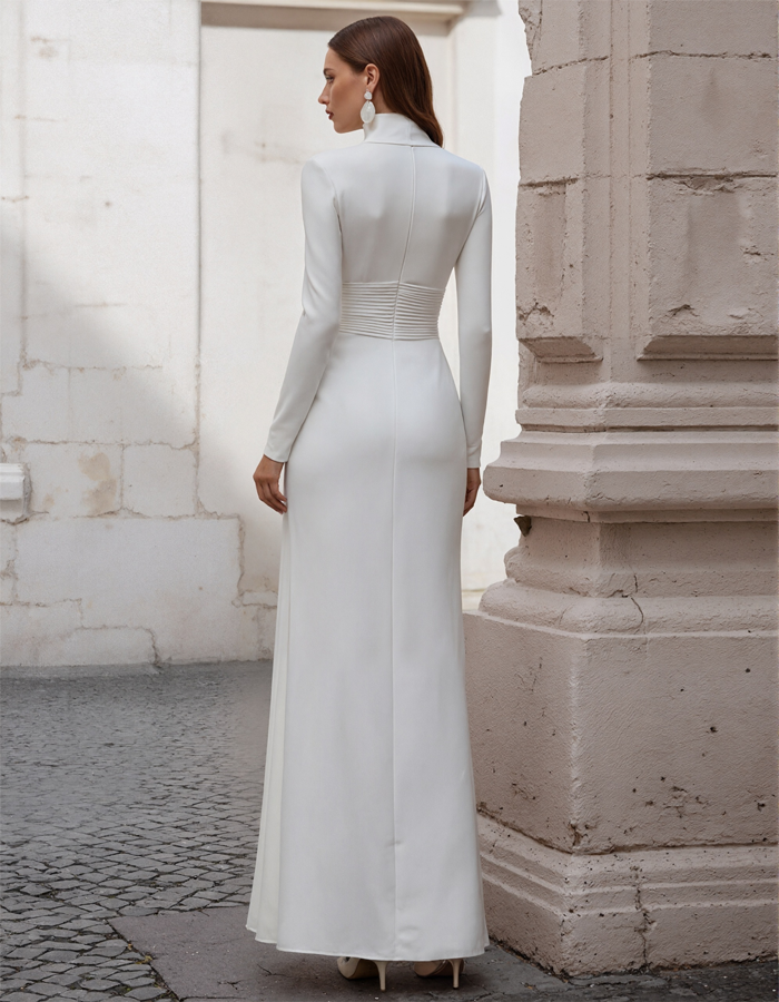 Maxi dress with high neck, pleated and straight cut