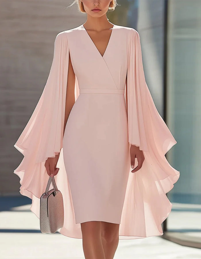 Solid Color Cape Style Waist-Defining Knee-Length Dress