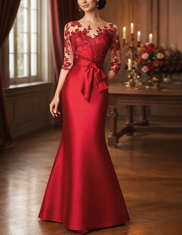 Satin maxi dress with fishtail design, lace patchwork, and solid color