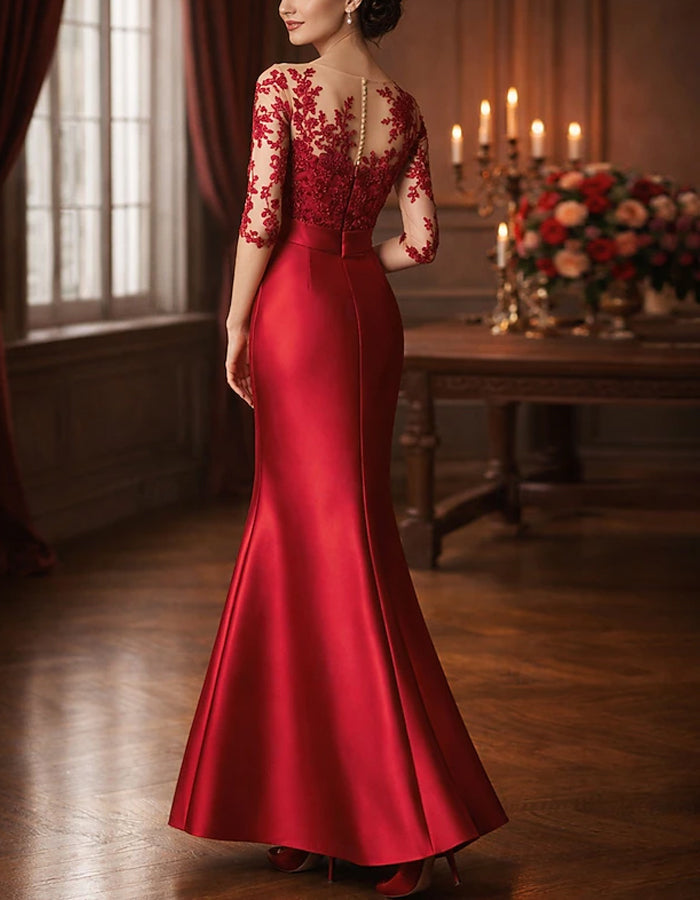 Satin maxi dress with fishtail design, lace patchwork, and solid color