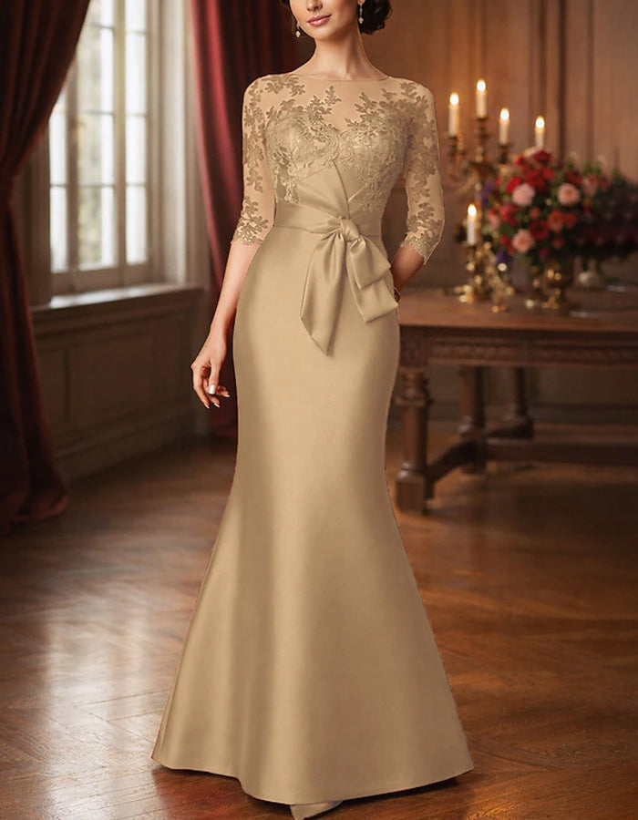 Satin maxi dress with fishtail design, lace patchwork, and solid color