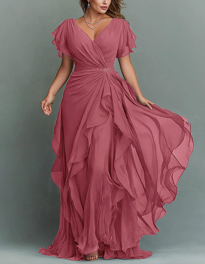 Maxi dress made of chiffon with V-neck, solid color and ruffles