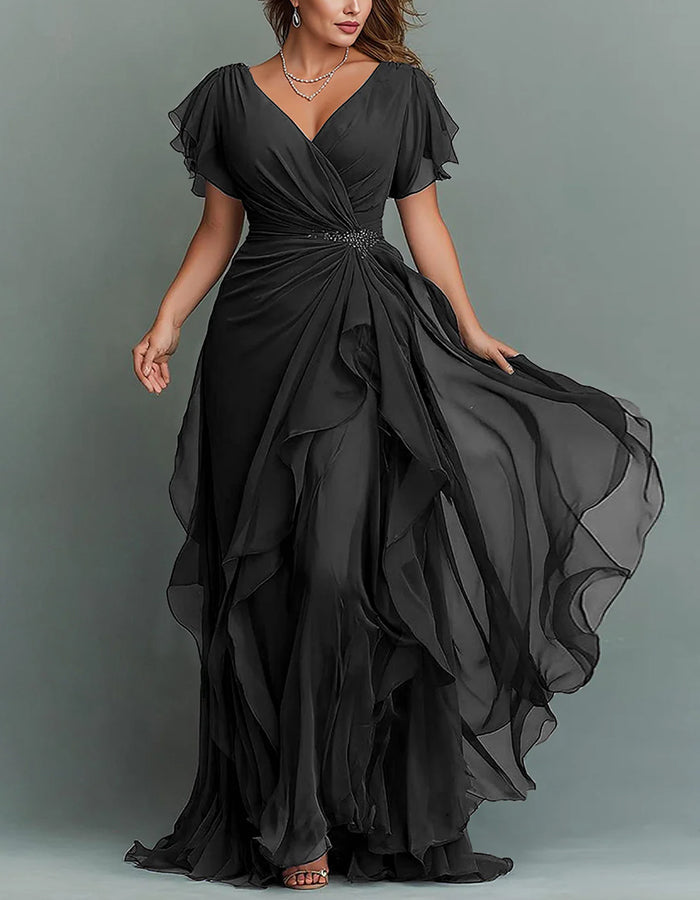 Maxi dress made of chiffon with V-neck, solid color and ruffles