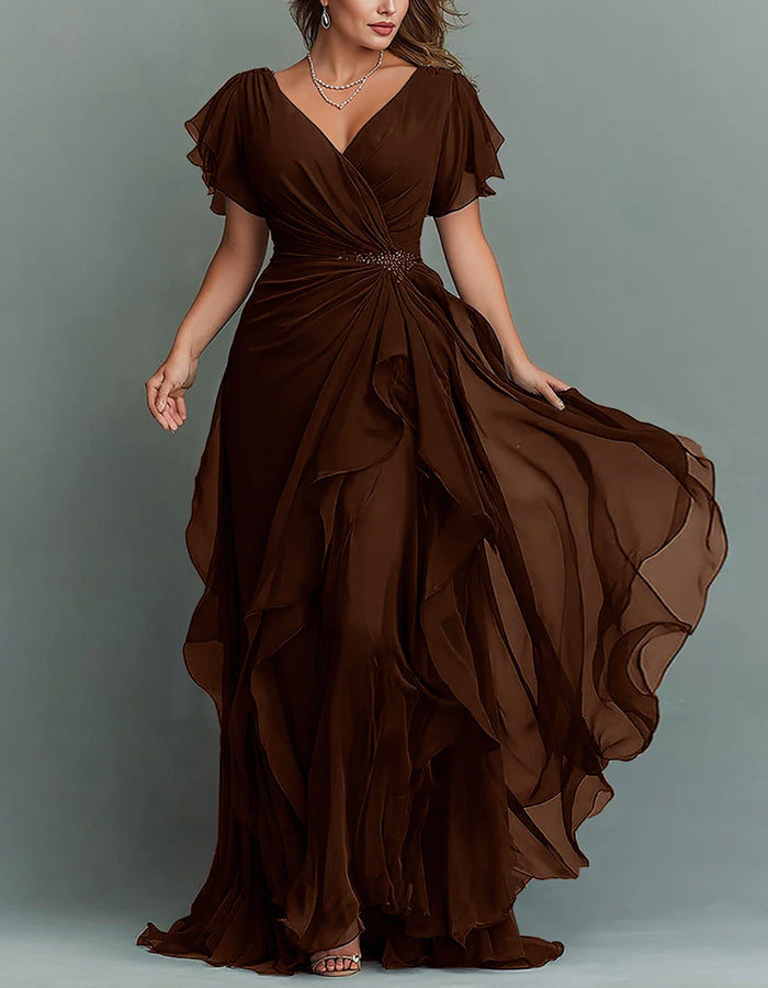 Maxi dress made of chiffon with V-neck, solid color and ruffles