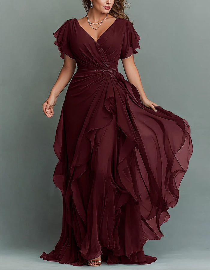 Maxi dress made of chiffon with V-neck, solid color and ruffles