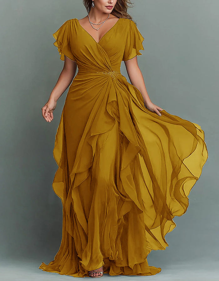 Maxi dress made of chiffon with V-neck, solid color and ruffles