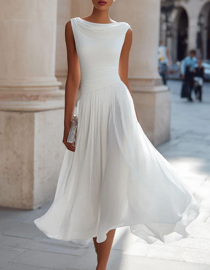 Draped Neck Chiffon Midi Dress