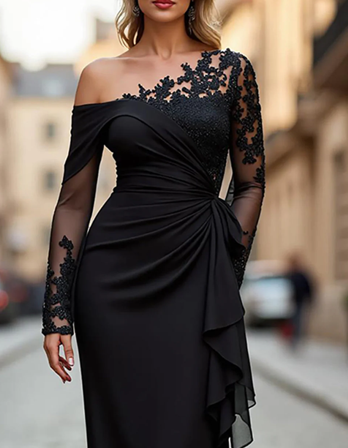 Maxi dress with one shoulder, solid color, lace, and pleated fabric