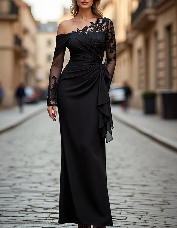 Maxi dress with one shoulder, solid color, lace, and pleated fabric
