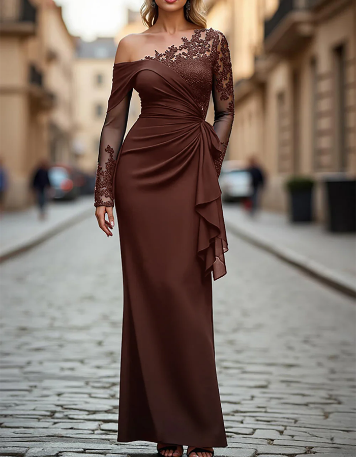 Maxi dress with one shoulder, solid color, lace, and pleated fabric