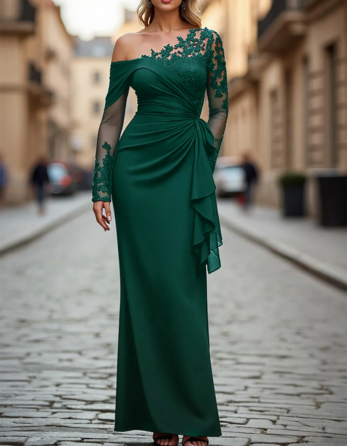 Maxi dress with one shoulder, solid color, lace, and pleated fabric
