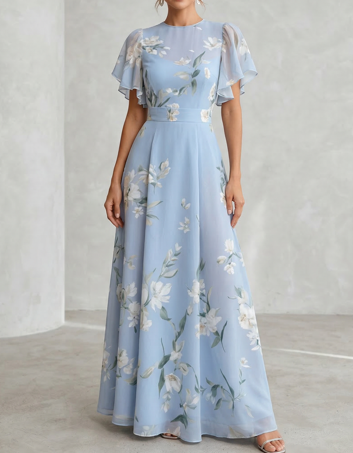 Pale Blue Chiffon Round Neck Ruffle Print Maxi Dress