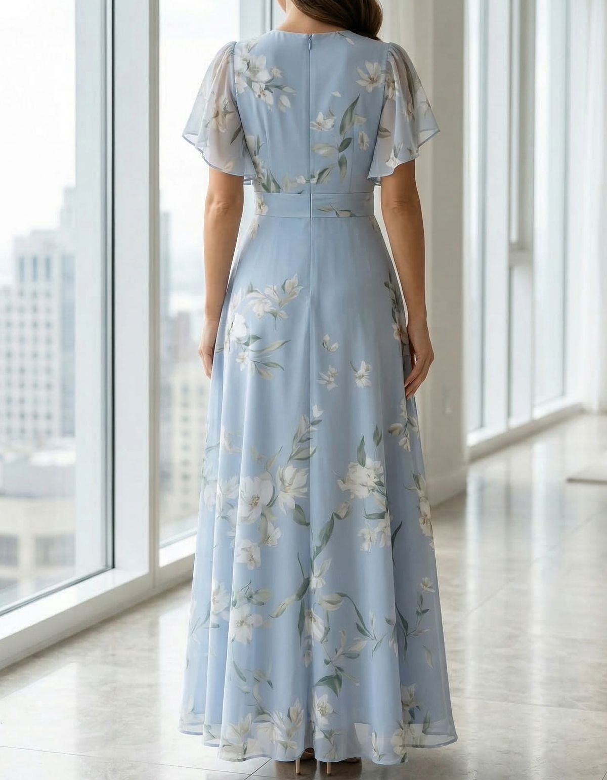 Pale Blue Chiffon Round Neck Ruffle Print Maxi Dress