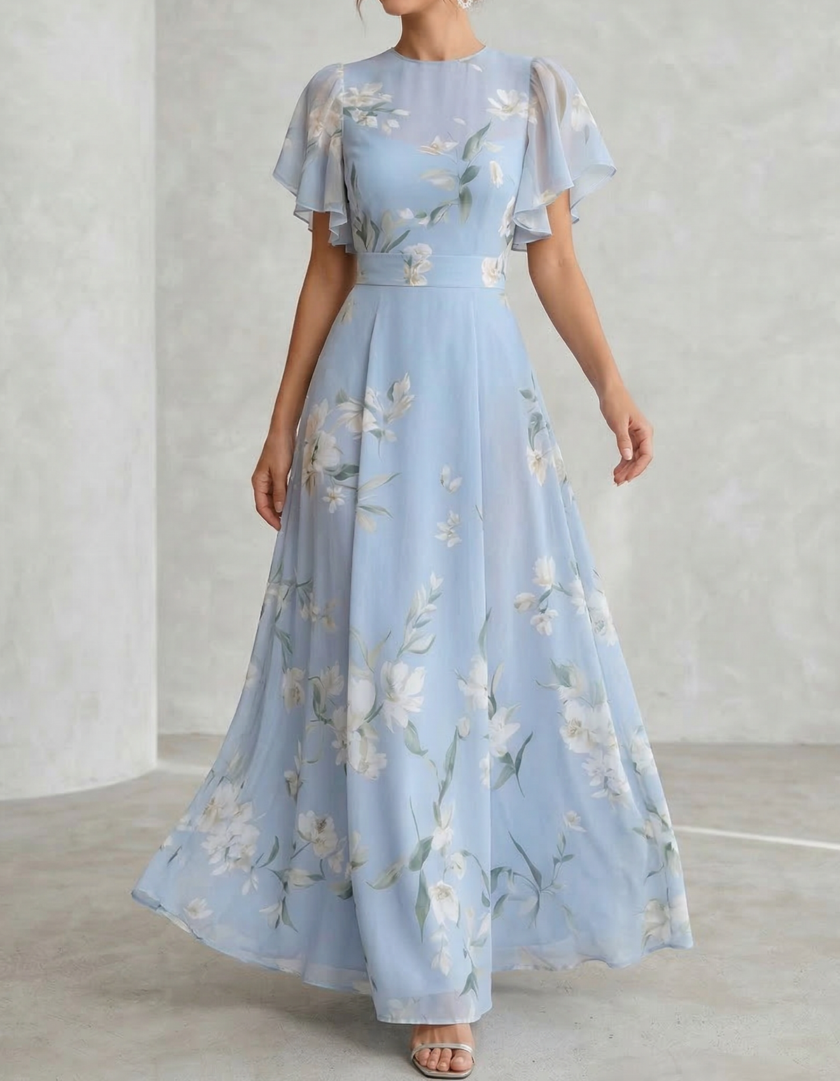 Pale Blue Chiffon Round Neck Ruffle Print Maxi Dress