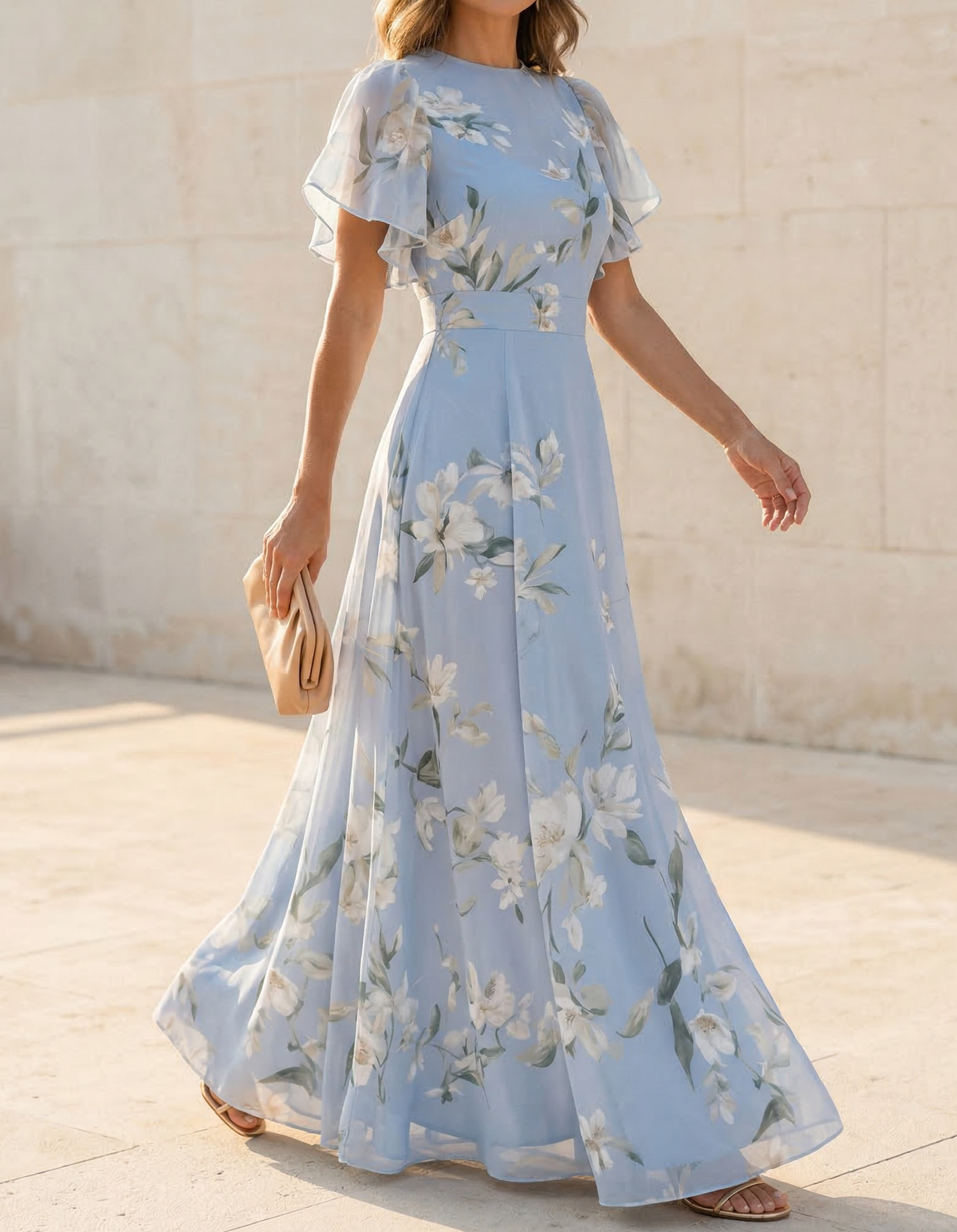 Pale Blue Chiffon Round Neck Ruffle Print Maxi Dress