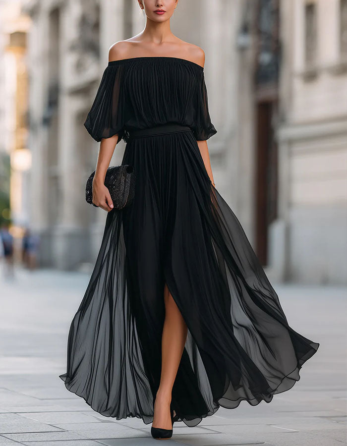 Black Off-Shoulder Chiffon Maxi Dress with Split