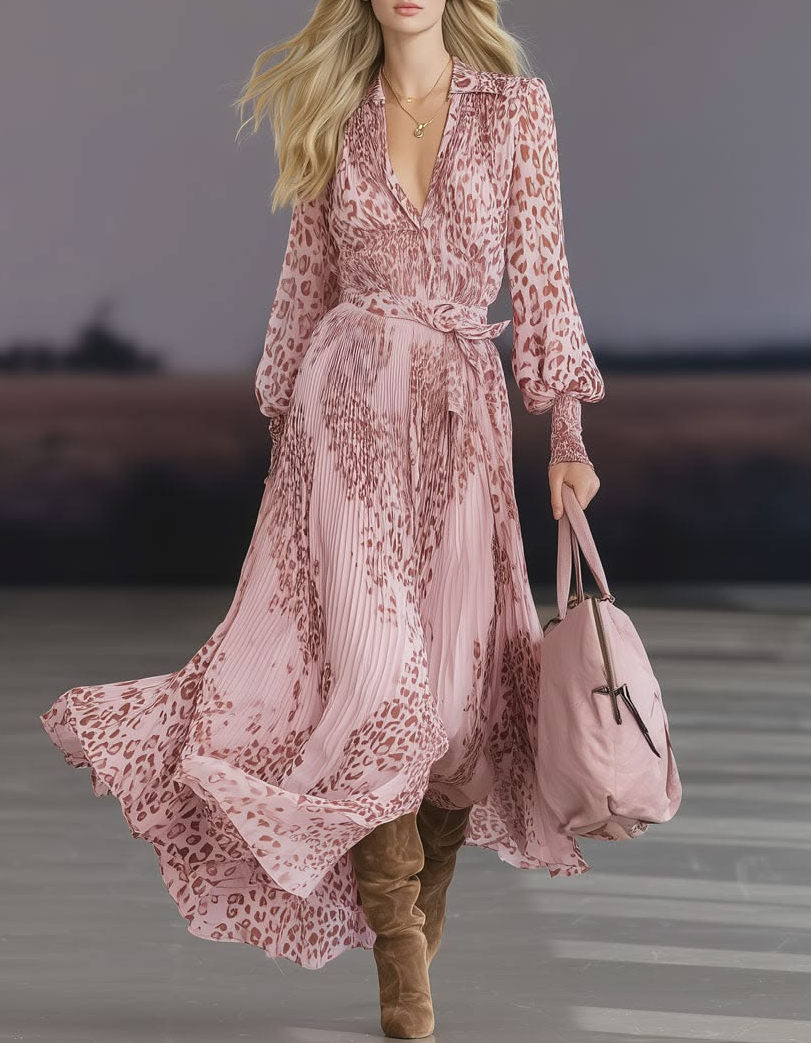Blush Pink Chiffon Leopard Print V-Neck Bow Maxi Dress