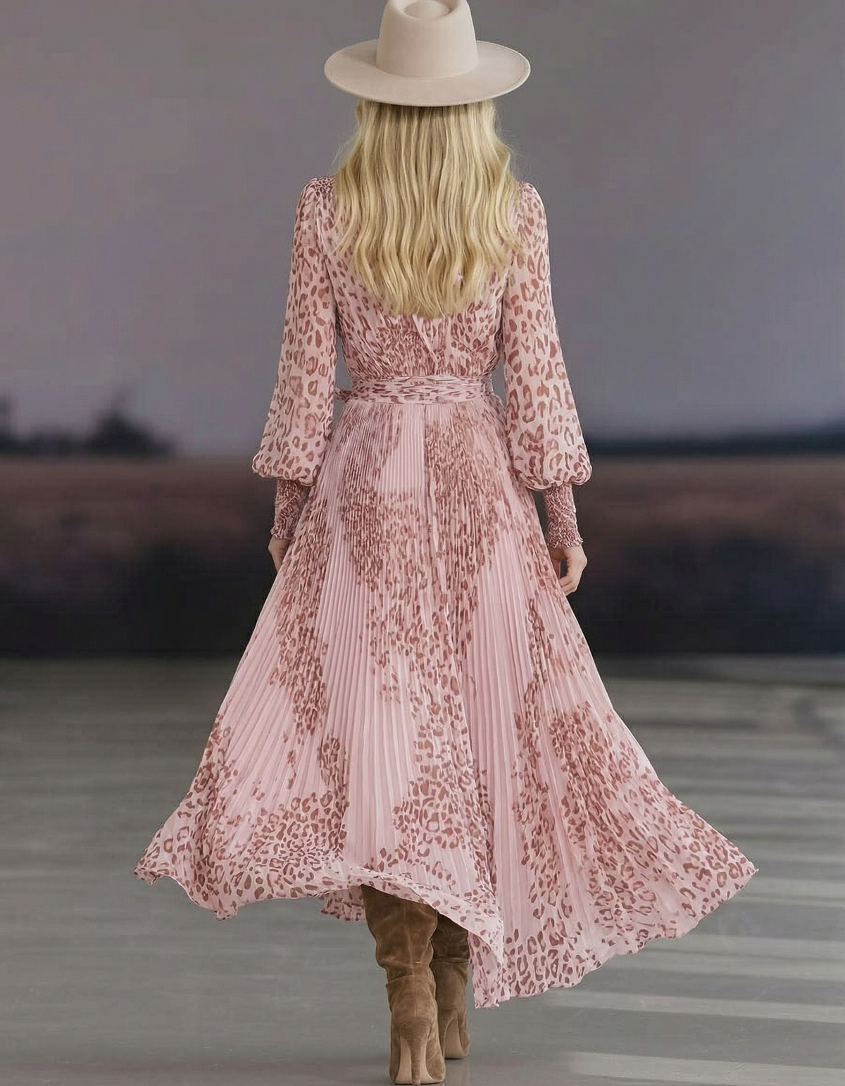 Blush Pink Chiffon Leopard Print V-Neck Bow Maxi Dress
