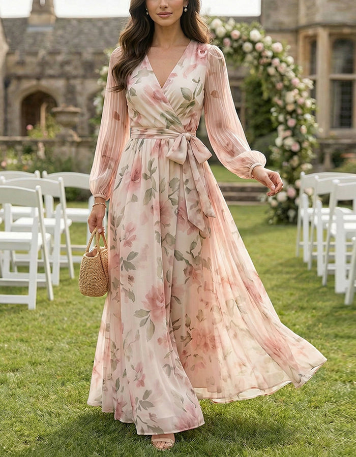 Maxi dress in pink chiffon with floral print, V-neck and bow