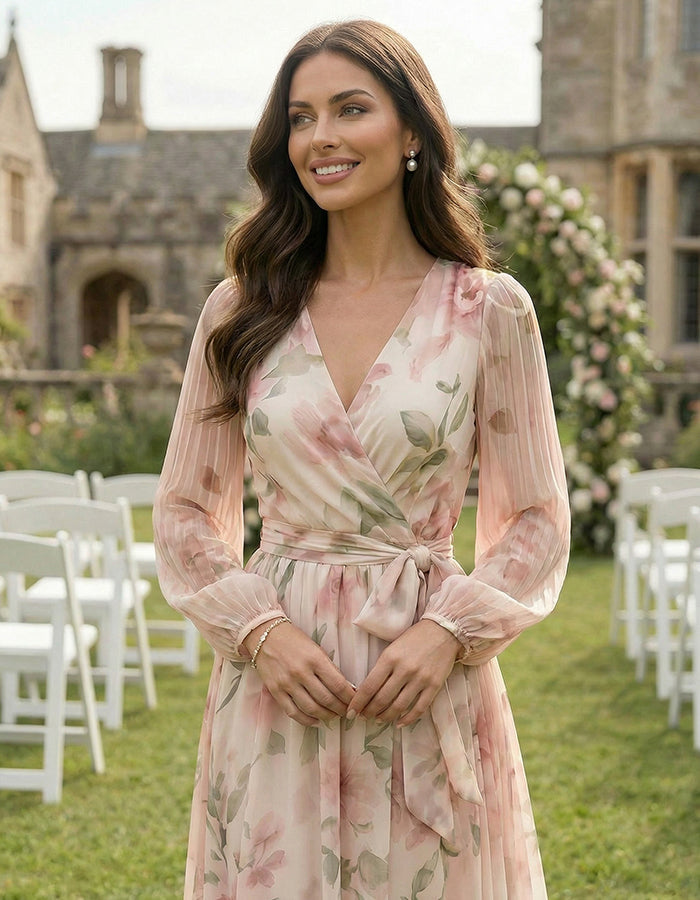 Maxi dress in pink chiffon with floral print, V-neck and bow