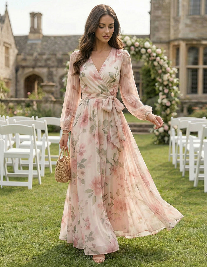 Maxi dress in pink chiffon with floral print, V-neck and bow