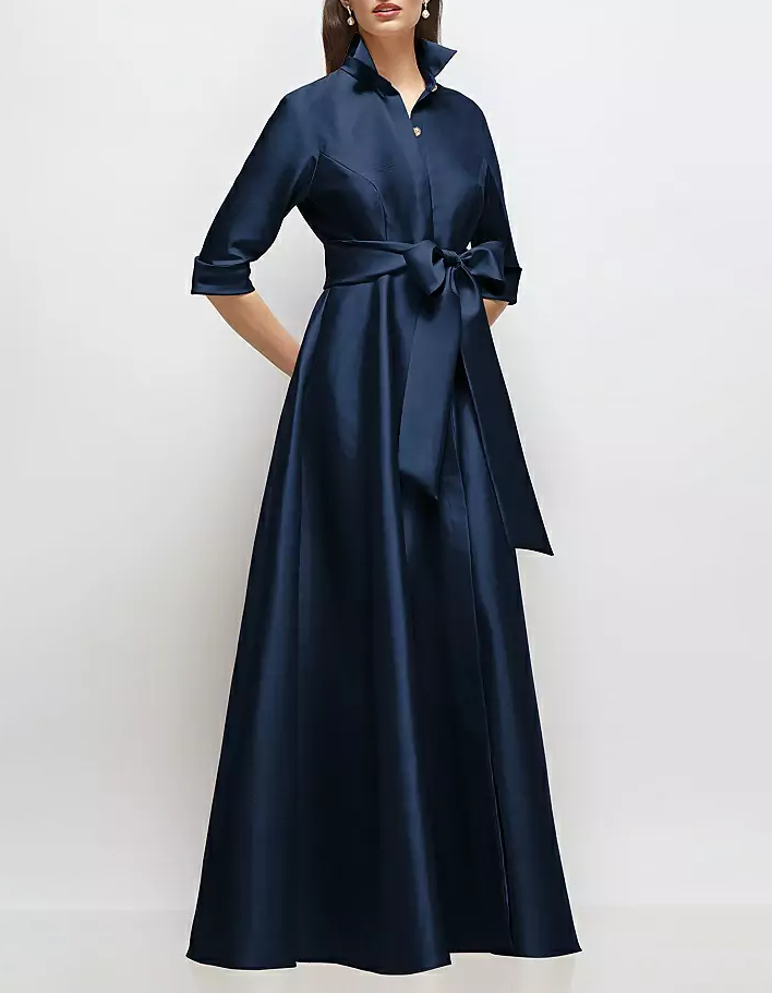 Navy Blue Satin Maxi Dress with Mid-Length Sleeves, Belt, and Shirt Style