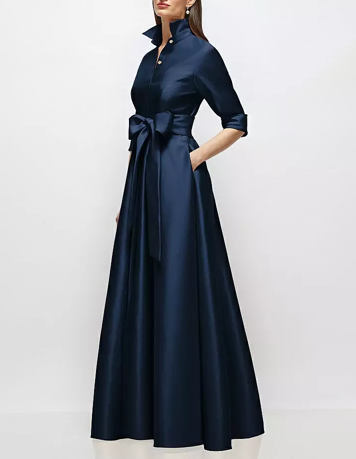 Navy Blue Satin Maxi Dress with Mid-Length Sleeves, Belt, and Shirt Style