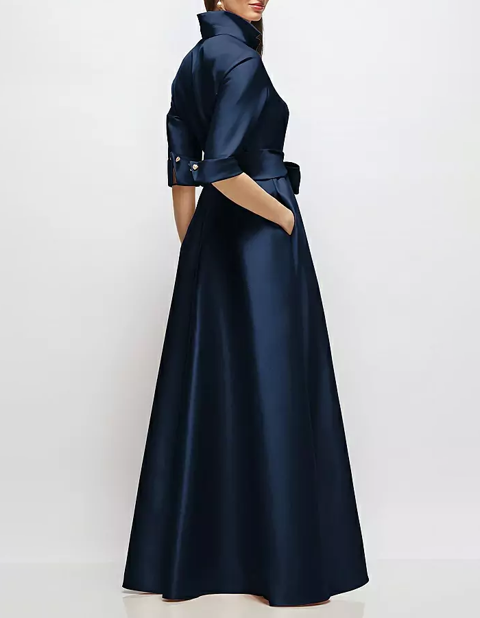 Navy Blue Satin Maxi Dress with Mid-Length Sleeves, Belt, and Shirt Style