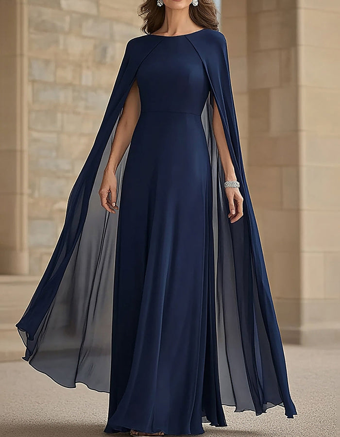Navy blue chiffon maxi dress with cape sleeves and round neckline