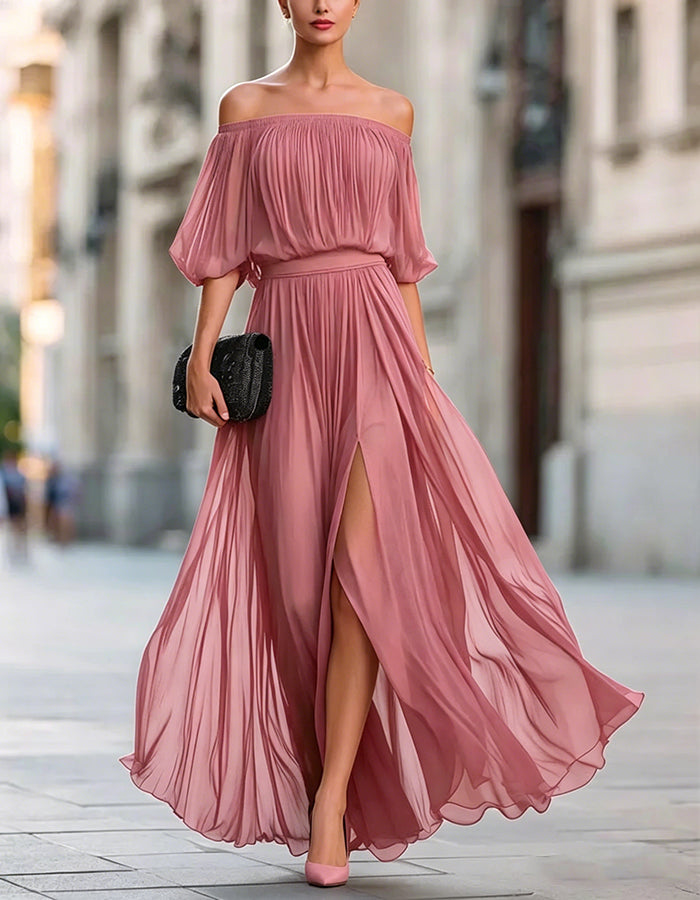 Black Off-Shoulder Chiffon Maxi Dress with Split