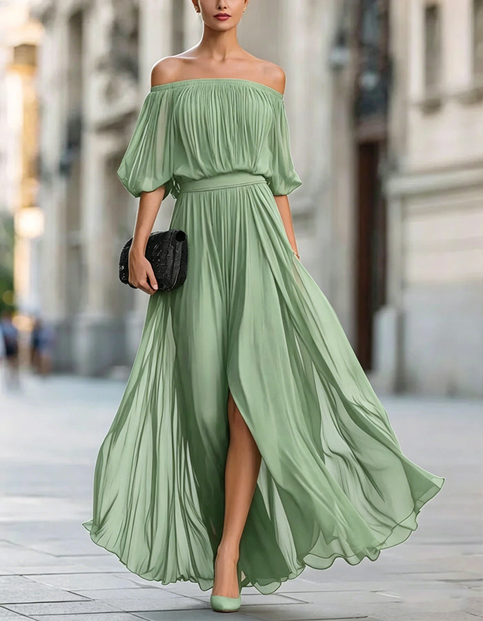 Black Off-Shoulder Chiffon Maxi Dress with Split