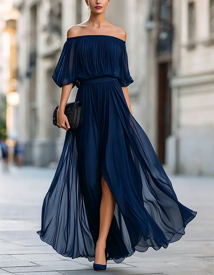 Black Off-Shoulder Chiffon Maxi Dress with Split