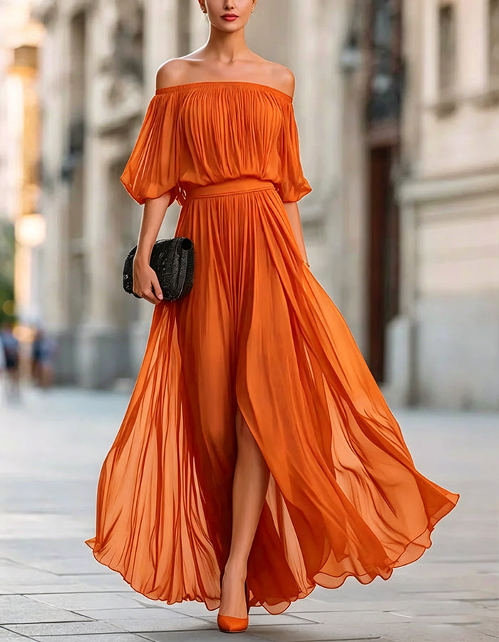 Black Off-Shoulder Chiffon Maxi Dress with Split