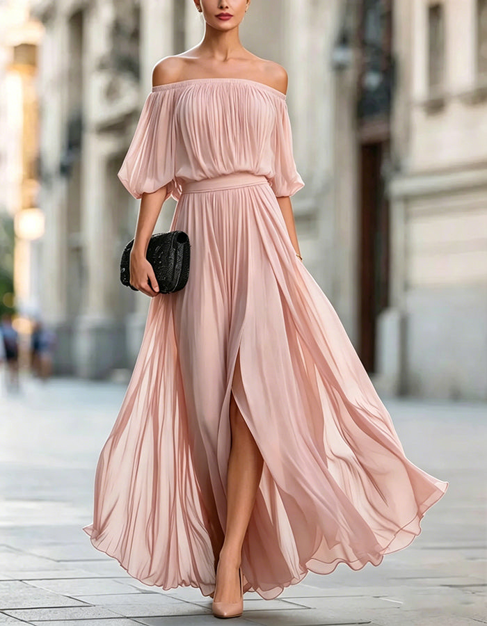 Black Off-Shoulder Chiffon Maxi Dress with Split