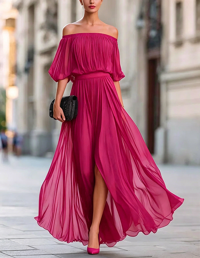 Black Off-Shoulder Chiffon Maxi Dress with Split