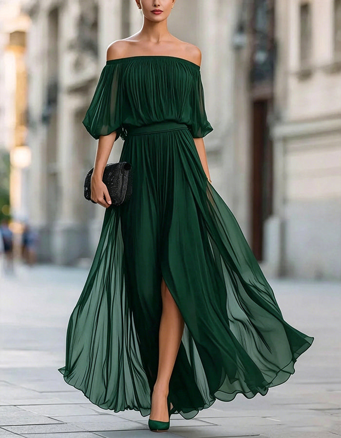 Black Off-Shoulder Chiffon Maxi Dress with Split