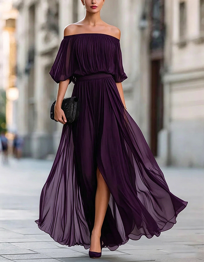 Black Off-Shoulder Chiffon Maxi Dress with Split