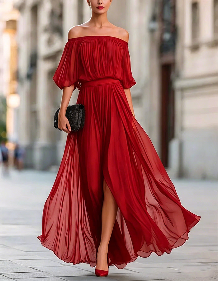 Black Off-Shoulder Chiffon Maxi Dress with Split