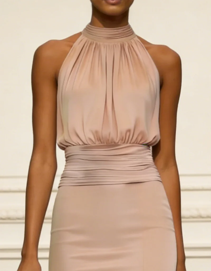 Apricot Halter Neck Ruched Waist Midi Mermaid Dress