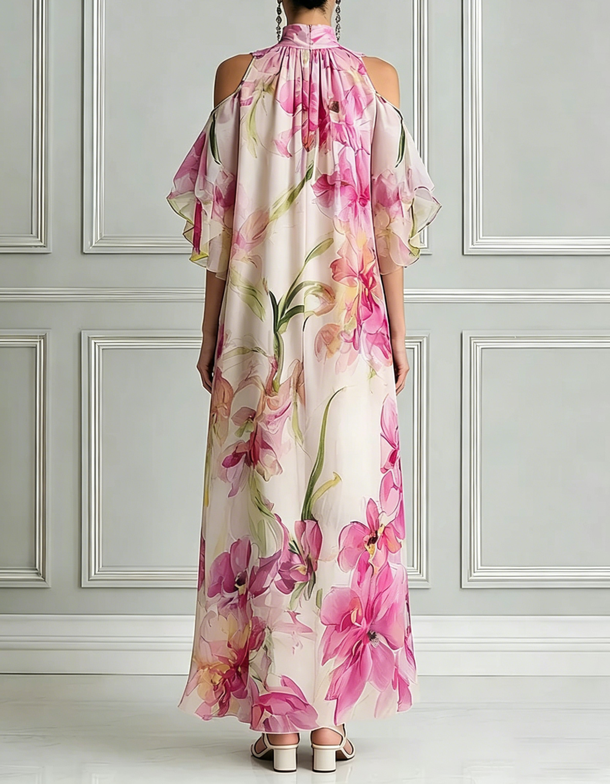 Rose chiffon maxi dress with floral print, halter neck and off-shoulder