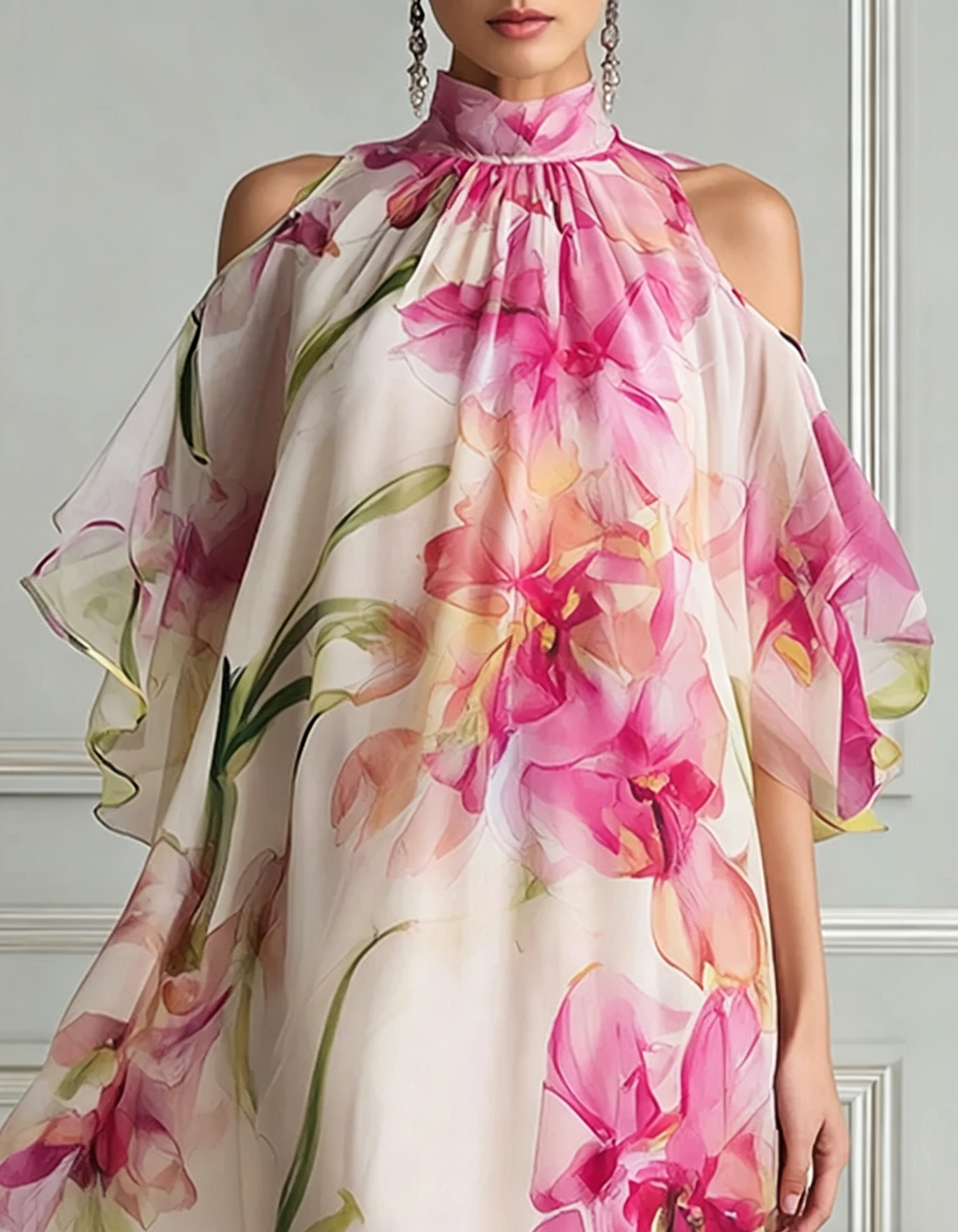 Rose chiffon maxi dress with floral print, halter neck and off-shoulder