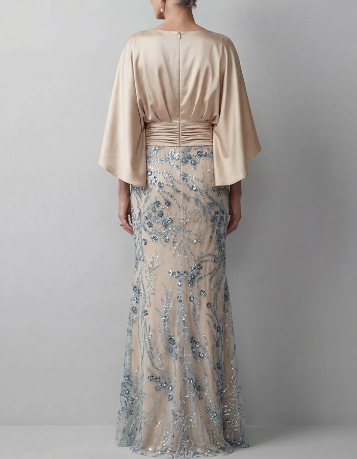 Maxi dress in satin with cape sleeves in champagne color