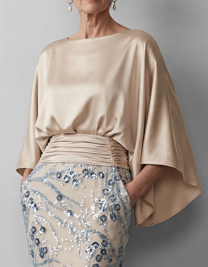 Maxi dress in satin with cape sleeves in champagne color