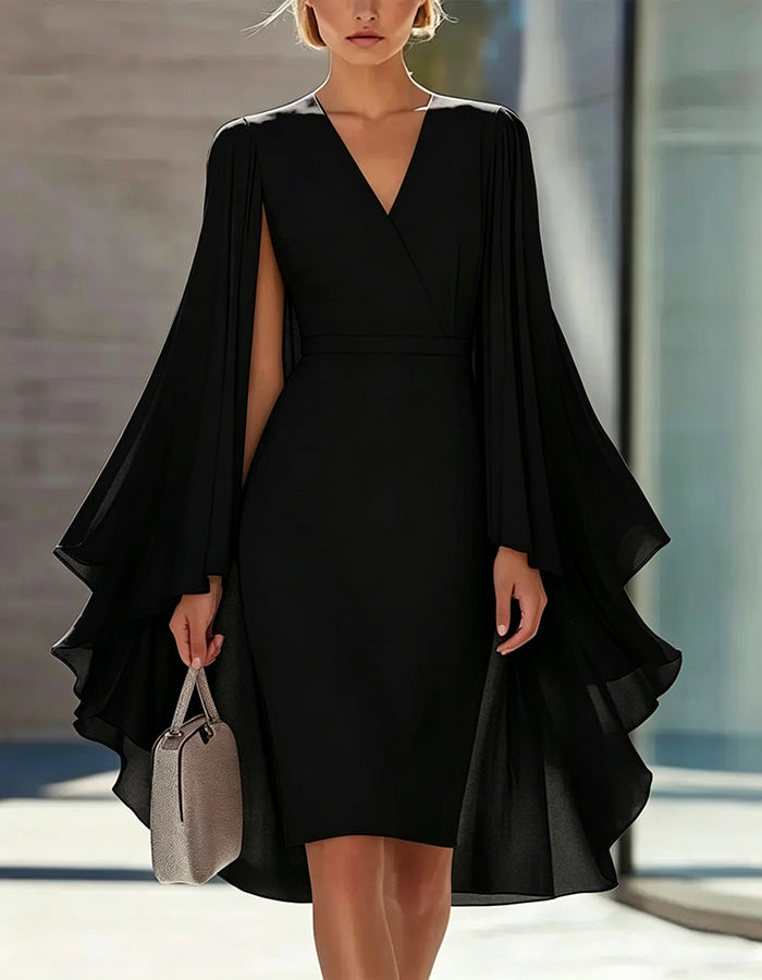 Solid Color Cape Style Waist-Defining Knee-Length Dress