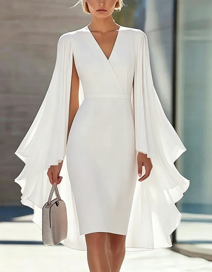 Solid Color Cape Style Waist-Defining Knee-Length Dress