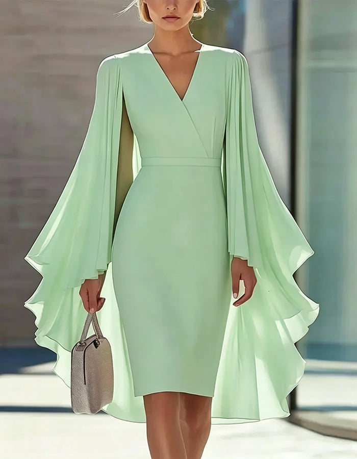 Solid Color Cape Style Waist-Defining Knee-Length Dress