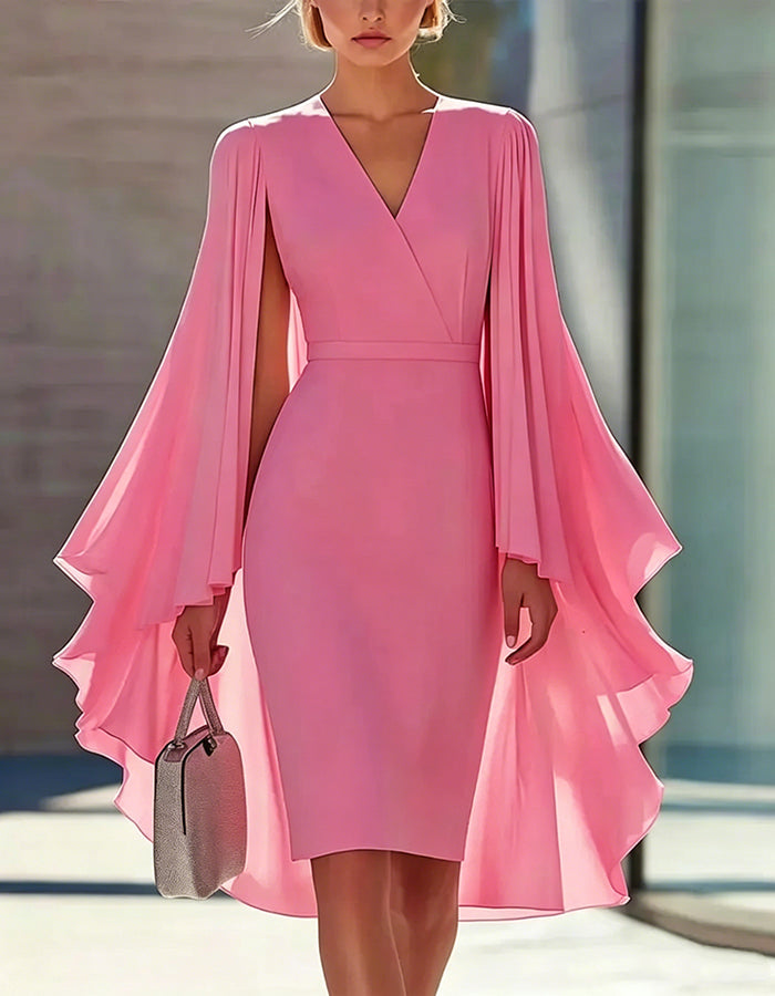 Solid Color Cape Style Waist-Defining Knee-Length Dress