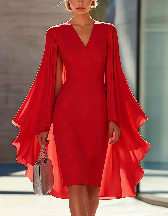 Solid Color Cape Style Waist-Defining Knee-Length Dress